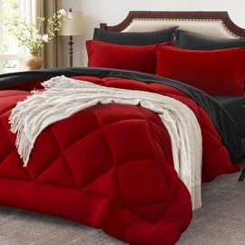 Anluoer California King Comforter Set，Red and Black Bed in a Bag 7 Piece，Bedding Set with Soft Down Alternative Fill，Bed Set Includes Comforter, Fitted Sheet, Flat Sheet，Pillowcases and Shams