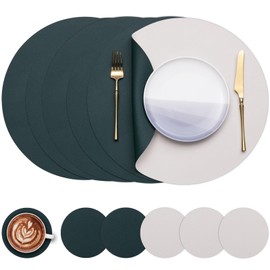 Myir JUN Round Table Placemats Set of 6 Faux Leather Place Mats and Coasters 15 inch Round Placemats Dual Sided Placemats Non-Slip Placemats Stain Resistant Placemats (Beige & Green, Set of 6)