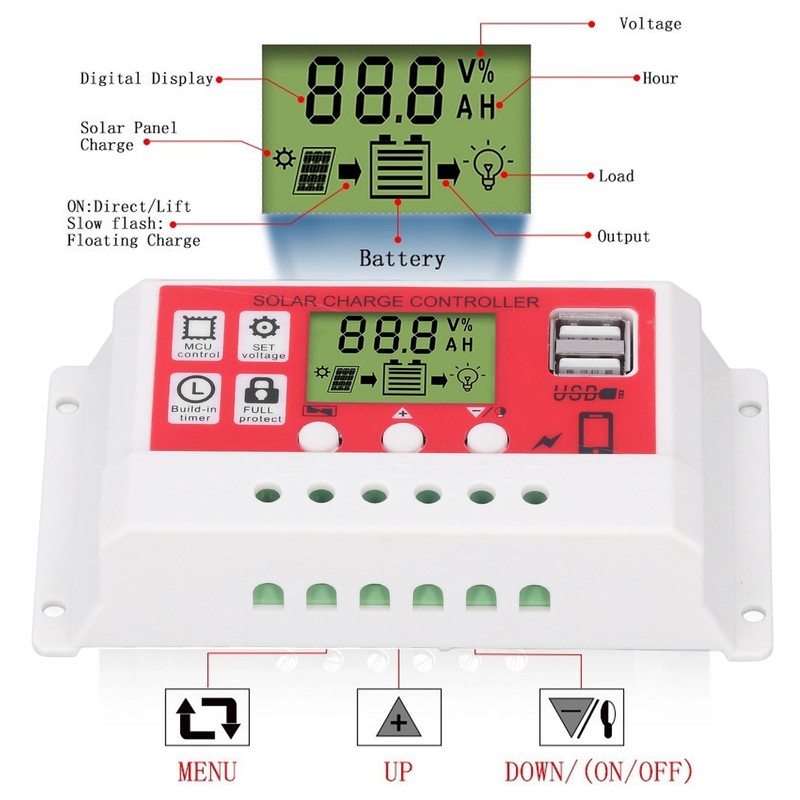 Solar Charge Controller PWM Lithium Battery Photovoltaic Charge Regulator LCD