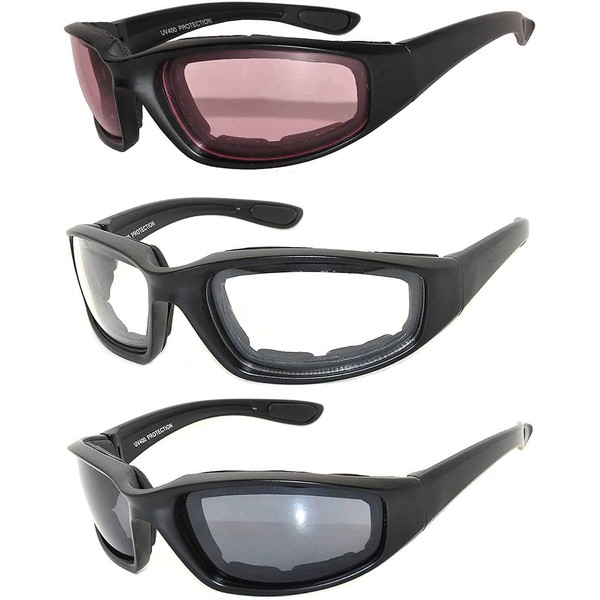 OWL 3 Pack Motorcycle Glasses Foam Padded Plastic Frame Riding