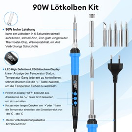 Daakro Soldering Iron Set 90 W Blue with Adjustable Temperature 180 °C - 480 °C and Thermostatic Design, LCD Screen Soldering Set with Soldering Wire, 5 Soldering Tips and Soldering Iron Stand for