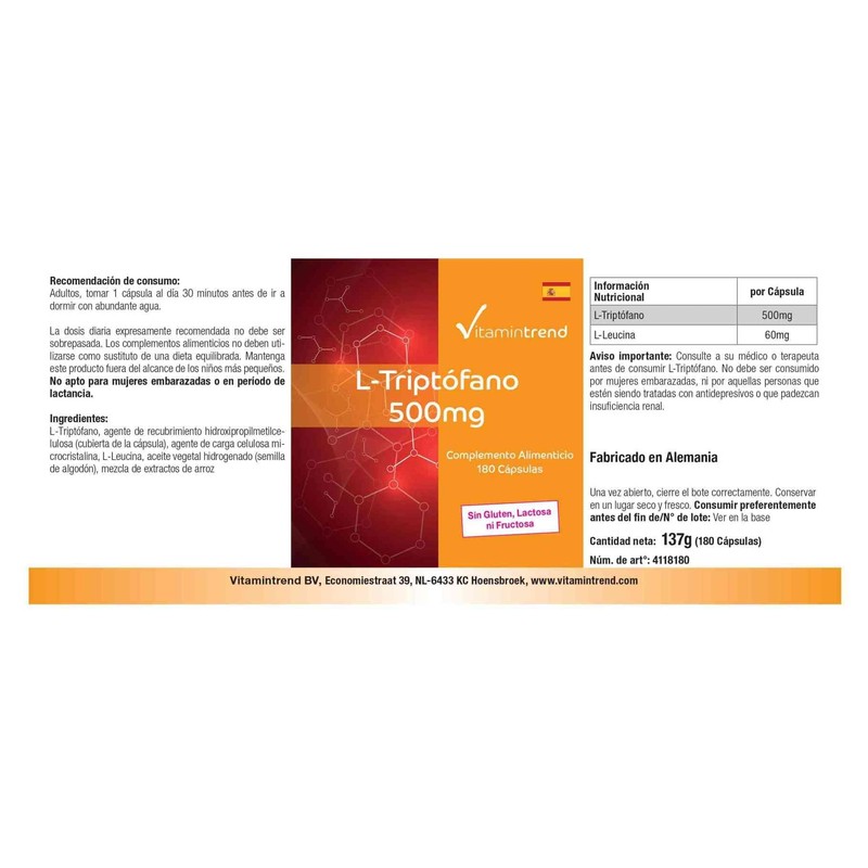 L-Tryptophan 500 mg - 180 Capsules - Vegan - Bulk