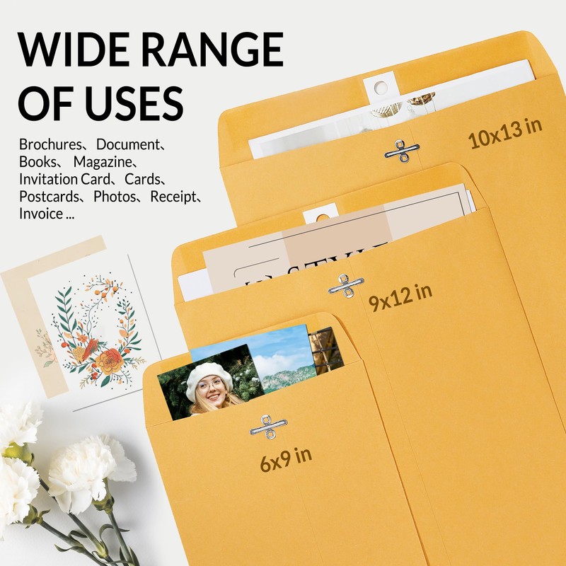 SUNEE 6x9 Clasp Envelopes 100 Count - 6x9 Inch Brown