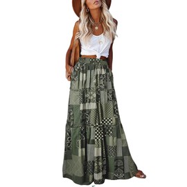 EARKOHA Womens Casual High Waist Tie Paisley Print Long Maxi Skirt with Pockets Patchwork-Green M