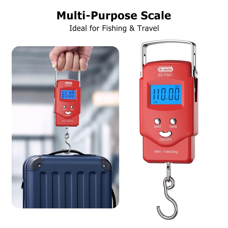 Dr.meter Fish Scale: PS01 110lb/50kg Backlit LCD Display Fishing Scale