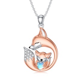 Fox Necklace 925 Sterling Silver Two Foxes Moonstone Pendant Necklaces Animal Jewelry Birthday Gifts for Her Mom Wife Fox Lovers