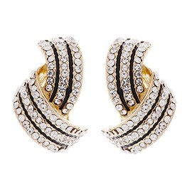 Clip On Earrings - Gold Plated Stud With Clear Crystals And Black Enamel - Camila