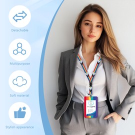 Oiieco Retractable Lanyard with ID Card Holder, Work Lanyard Card Holder with Retractable Badge Reel Carabiner Clip and Detachable Strap for Worker Nurse Teacher Student Women Kid, Rainbow