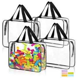 4 Pack Toy Storage Bags, Clear PVC Toy Organizer Bags with Zipper, Large Black Waterproof Reusable Toy Bags with Labels for Puzzles, Building Blocks, Board Game, Stationery, Kids Books