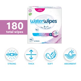 WaterWipes Adult Care Wipes, Extra-large 99.9% Water Based Wipes, Unscented & Hypoallergenic for Sensitive Skin, 180 Count (6 Packs)