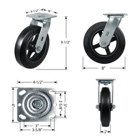HANDSAMMU 8"x2" Industrial Caster, Rubber on Cast Iron Wheels- Set of 4 Casters with Up to 4400 LB Capacity, Black Plate Caster Wheels for Platform Truck Workbench (2 Swivel & 2 Rigid)