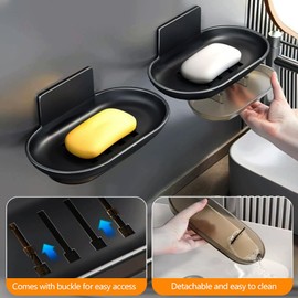 OLizee® 2 Pack Wall Mounted Shower Soap Holder Aluminum Soap Dish with Drain Tray Black Soap Tray Sponge Holder Bar Soap Holder for Bathroom Kitchen