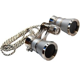 HQRP 3 x 25 Opera Glasses Binoculars w/ Crystal Clear Optic (CCO) Platinum with Silver Trim w/ Necklace Chain
