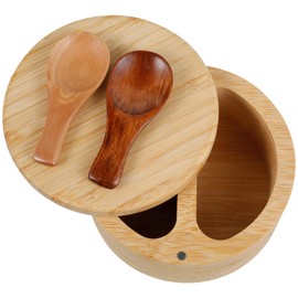 SAEHAEYEE Salt and Pepper Bowl, Bamboo Salt and Pepper Box with Rotating Magnetic Lid 2 Compartments Salt and Pepper Cellar with Spoon Round Salt Spice Box for Home Kitchens