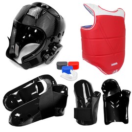 AAMA Custom Foam Sparring Gear Set - Foam Headgear, Olympic Style Chest Guard, Foam Punch and Kick - Black