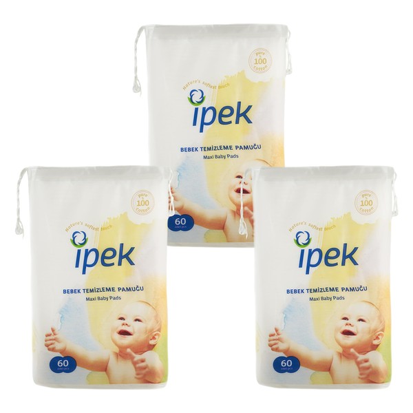 Ipek Large Baby Cotton Pads – 180 Count, 100% Pure Cotton, Soft Touch for Sensitive Skin, Wool Pad for Newborn Baby Essentials, Ideal for New Mum Maternity Use, Disposable, Safety, White