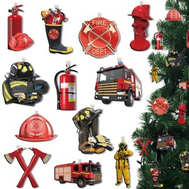 36 Pcs Christmas Firefighter Ornaments Fireman's Helmet Uniform Fire Hydrant Fire Extinguisher Fire Truck Fire Dept Firefighter Boot Wooden Hanging Ornament for Christmas Tree Decor Firefighter Gift