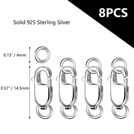 8PCS Solid Sterling Silver 925 Lobster Claw Clasps with Jump Rings, Necklace Bracelet Jewelry Silver Clasps for Jewelry Making Necklace Bracelet DIY, Large Lobster Claw 12mm Split Rings 4mm Set