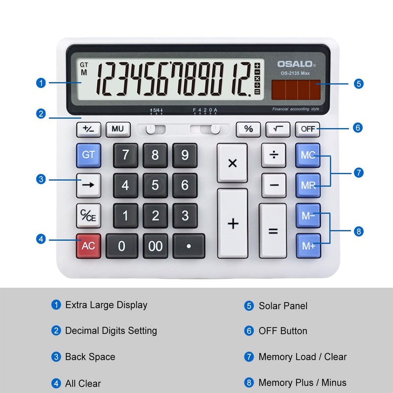 pendancy Desktop Calculator, Extra Large LCD Display Computer Button 12