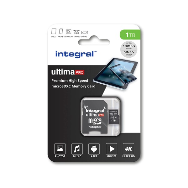 Integral 1TB Micro SD Card 4K Video Premium High Speed Memory Card SDXC Up to 100MB s Read Speed and 50MB s Write speed V30 C10 U3 UHS-I A1
