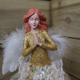 Premier 26cm Angel Christmas Tree Topper with Gold Glitter dress and White Feather Wings