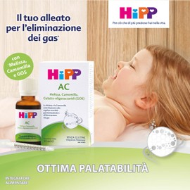 HiPP- HiPP AC, Integratore Alimentare, Eliminazione dei Gas Intestinali, Melissa, Camomilla, Galatto-oligosaccaridi (GOS), Regolare Motilità Gastrointestinale, Bambini, Flacone 30 ml, Senza Glutine