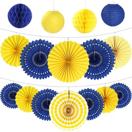16Pcs Navy Blue and Yellow Party Decorations Hanging Honeycomb Paper Fans Paper Lanterns for Graduation Birthday Wedding Dinner Party Baby Shower Decor (Assorted Sizes)