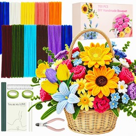 NORDUN 700 PCS Thick Pipe Cleaner Flowers Kit,10 Colored Pipe Cleaners Craft Bulk,Chenille Stems with Manual & Video Tutorial,Art DIY Bouquet Gift Box for Party Decorations/Family Fun/Festival