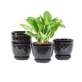 Sureasy Ceramic Indoor Plant Pots - 5.6 Inch Flower Pots for Plants with Drainage Hole and Saucer, Embossed Planter for Succulents, Orchid, Cactus, Indoor Home Decor, Set of 4, Black