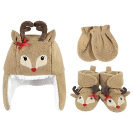 Hudson Baby Unisex Baby Trapper Hat, Mitten and Bootie Set, Girl Reindeer, 6-12 Months