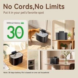 Bellkaspet Cat Water Fountain, 122oz/3.6L Pumpless Cat Fountain, Cordless Water Fountains for Cats Indoor, Dog Pet Water Fountain Battery Operated with Stainless Steel Tray (Black, Fountain+2 Fliters)