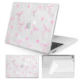 Seorsok Compatible with MacBook Air 13 Inch Case 2022 2021 2020-2018 Release A1932 A2179 M1 A2337,Glitter Stars Plastic Hard Case with Transparent Keyboard Cover,Bows and Hearts