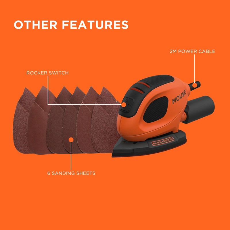 BLACK+DECKER BLACK+DECKER Mouse 55W Detail Sander with 6 Sanding Sheets,