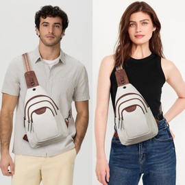 Leresas 10L Crossbody Sling Bag for Women Men Anti Theft Cross Body Fanny Pack Belt Bag Purse Gifts for Women Faux Leather, Beige Brown