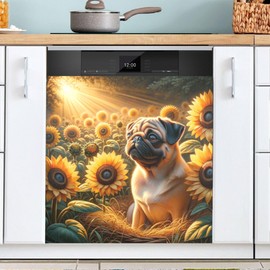 Exnundod Dishwasher Magnet Cover Lovely Sunflower Pug Dog Dishwasher Magnetic Cover for Front Door Oil Painting Artistic Decorative Magnet Cover Panel Refrigerator Sticker 23x26 Inch