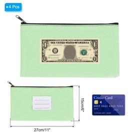 PATIKIL 11x6 Money Bank Deposit Bag with Zipper, 4 Pcs Leatherette Coin Check Wallet Pen Pouch Bag with Clear Window for Office Travel, Green