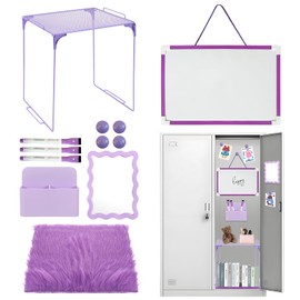 12 Pcs Locker Organizer and Decorating Kit, First Day of School Essentials,Back to School Essentials Locker Decoration, Print Whiteboard with Markers Plush Area Rug String Mirror(Purple)