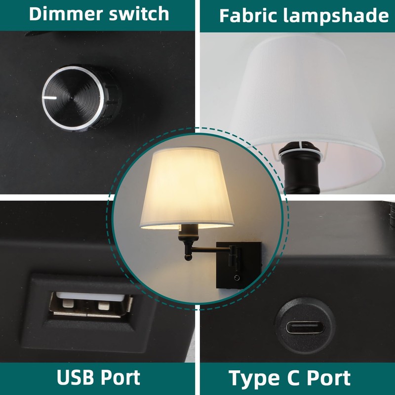 Bedside Wall Mount Light with Dimmable Switch and USB C+A