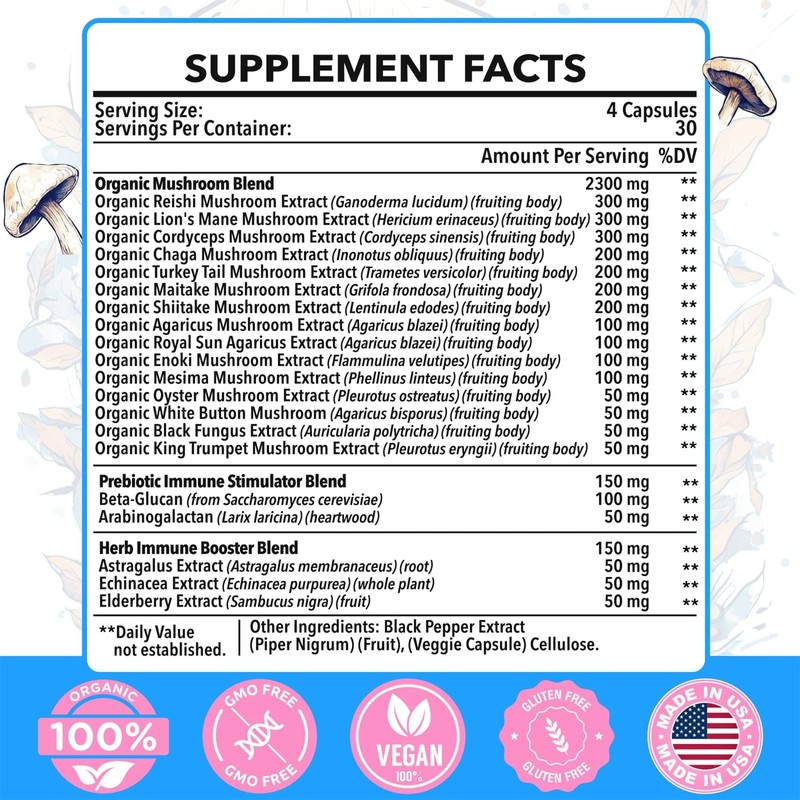 Dmeisy 20 in 1 Organic Mushroom Supplement 120 Count Immune