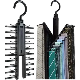 Upgraded 2 PCS Adjustable 20 Tie Rack Holder, 360° Rotating to Open/Close Belt Scarf Compact Hanger Rack Holder with Non-Slip Clips, Swivel Space Saving Organizer