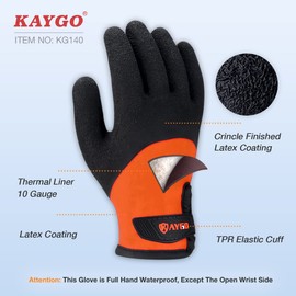 KAYGO Waterproof Thermal Work Gloves for Men and Women, Full Hand Latex Coated, Acrylic Insulated Liner for Freezer Cold Weather, Fine Crinkle Grip,KG140W (Medium, Orange)