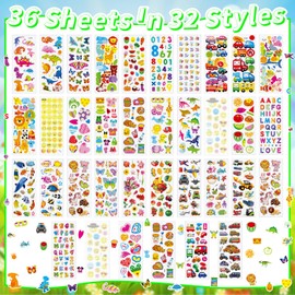 36 Sheets 3D Puffy Stickers for Kids - 900+ Reusable Stickers Variety Pack (Animals, Dinosaurs, Fruits, Vehicles, Emojis) for Crafts, Rewards, Scrapbooking, Toddler Activities