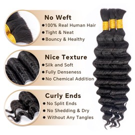 Human Braiding Hair for Boho Braids Human 120g 14 Inch Deep Wave Boho Hair for Braiding Knotless 12A Curly Bulk Bohemian 3 No Weft Bundles/Pack Natural Color