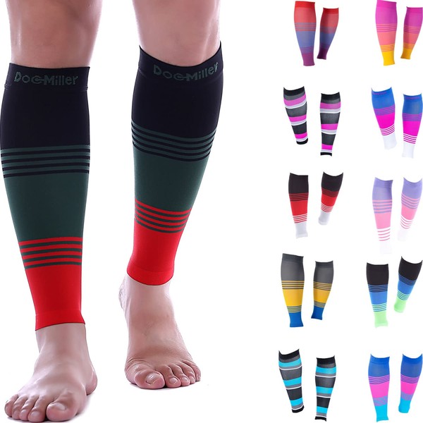 Doc Miller Calf Compression Sleeve Men and Women 20-30 mmHg, Shin Splint Compression Sleeve, Medical Grade Socks for Varicose Veins and Maternity 1 Pair Large Black Green Red Calf Sleeve