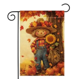 Fall Pumpkins Scarecrow Garden Flag 12x18 Inch Double Sided Thanksgiving Maple Leaves Sunflower Yard Outdoor Flag House Holiday Outside Decoration Burlap