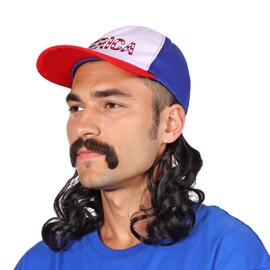 FantaLook Red White and Blue Mullet Black Wig with Mustache for Men 4th of July