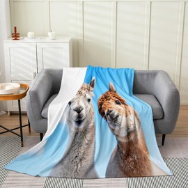 Linda manta de franela de forro polar de llama, tamaño Queen de 90 x 90 pulgadas, manta de cama de animales de alpaca para todas las estaciones para sofá, sofá, sofá o sofá con temática de animales 3D, manta mullida de felpa de cielo azul suave, decoraci