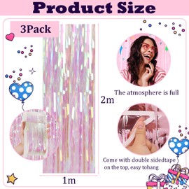 3pcs Holographic Transparent Tinsel Curtains Backdrop Party Foil Door Curtain,1*2m Iridescent Fringe Curtain Wall Tinsel,Shimmer Curtains Tassel Backdrop for Birthday Hen Do Christmas Party Decoration