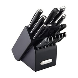 Farberware 15-Piece Forged Triple Riveted Knife Block Set, High Carbon-Stainless Steel Kitchen Knives, Razor-Sharp Knife Set with Wood Block, Black