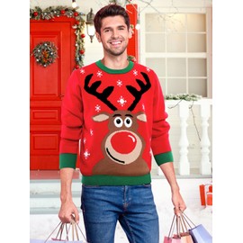 XiaoMoSha Christmas Jumpers for Men, Funny Reindeer Mens Christmas Jumpers Knitted Xmas Long Sleeve Crew Neck Pullover Matching Ugly Novelty Christmas Sweater for Festive Holiday, Men, Red, XL